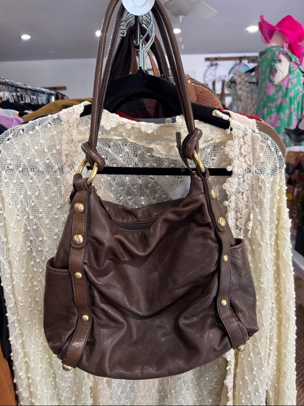 Clarks Dark Brown Leather Shoulder Bag with Gold-Tone Studs